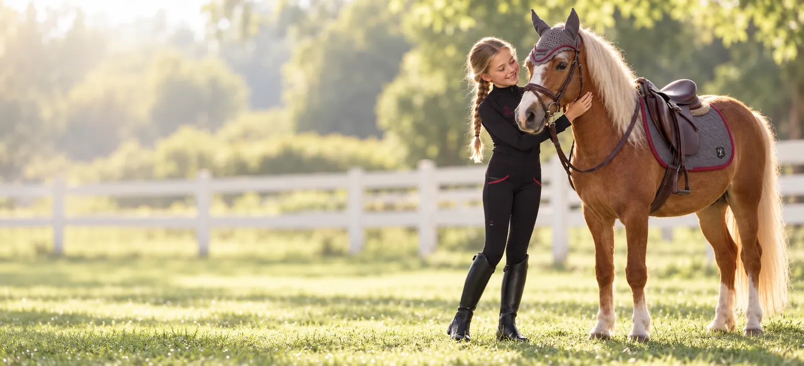 Girl in MONIVITO kids riding clothes with her pony